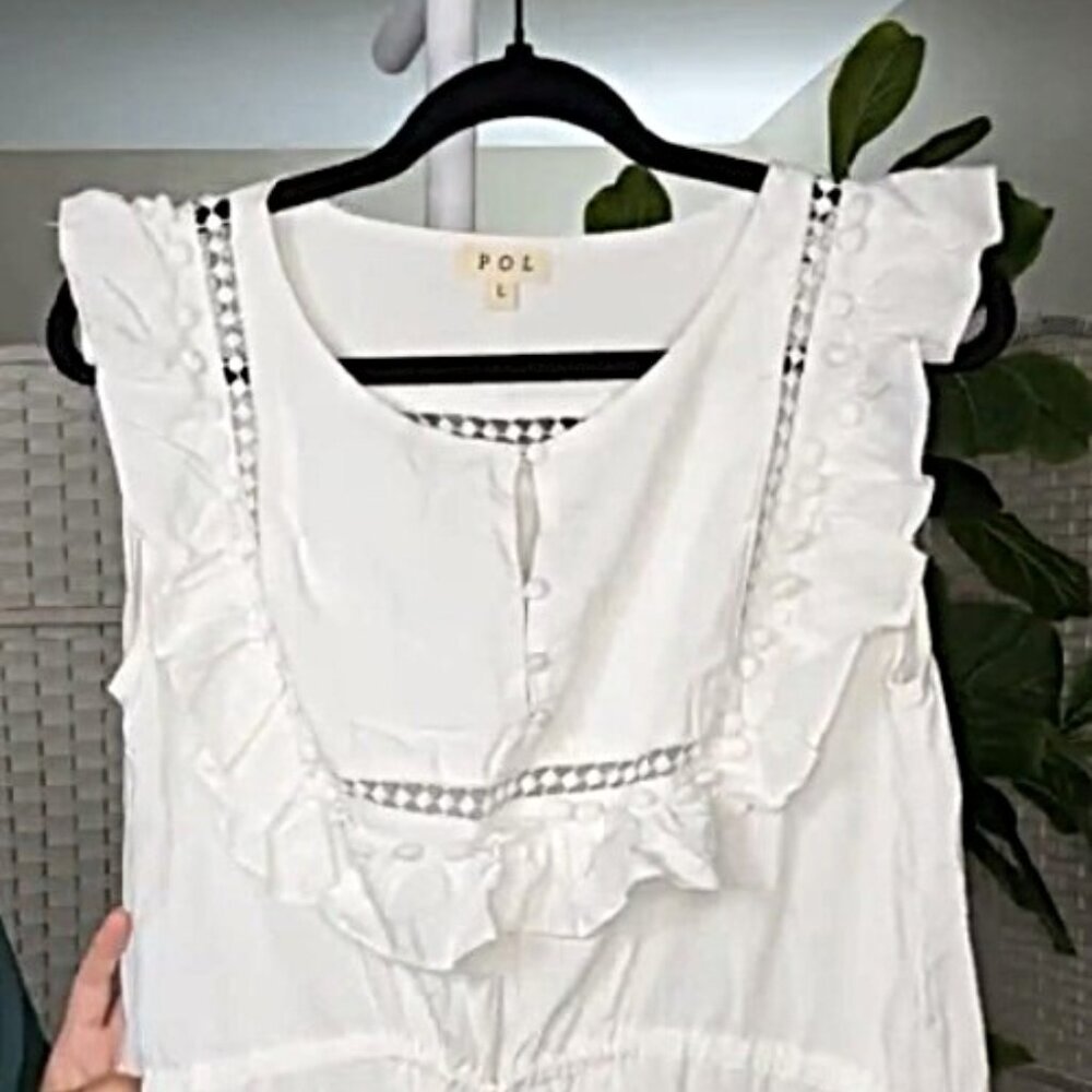 LADIES SIZE L POL WHITE SLEEVELESS DRESS POM POM DETAILS ALL OVER TIE WAIST HWD3